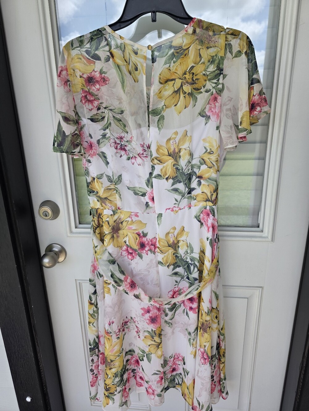 Jessica Howard Floral Midi Dress Sz 12 Pink Yellow Flutter Sleeve Belted Chiffon - Picture 7 of 11